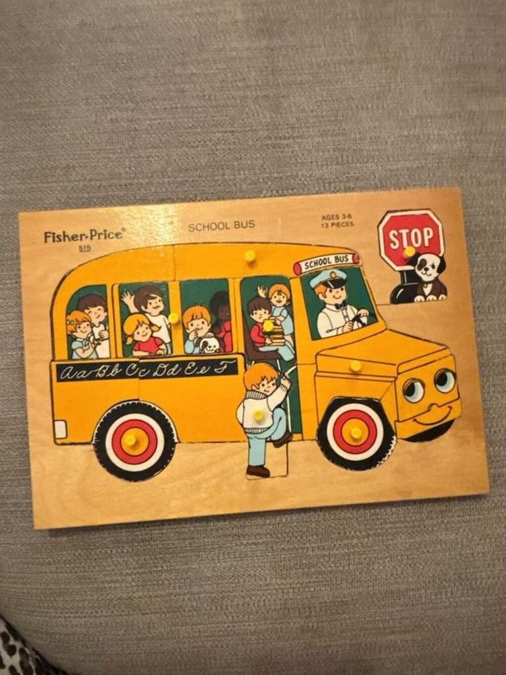 Vintage Fisher-Price 515 School Bus Wooden Peg Puzzle 13Pc